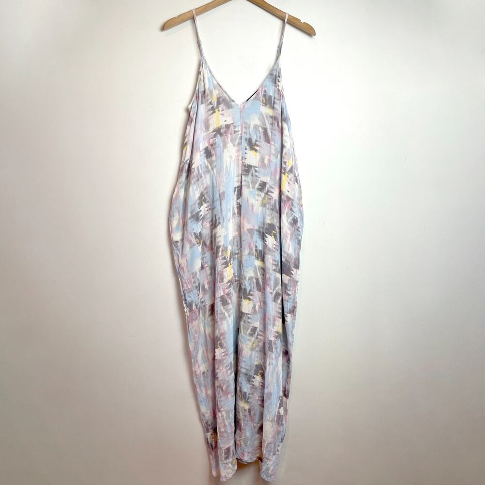 Artsy Maxi Slip Dress Small Pastel Watercolor Print Minimalist Resort Flowy